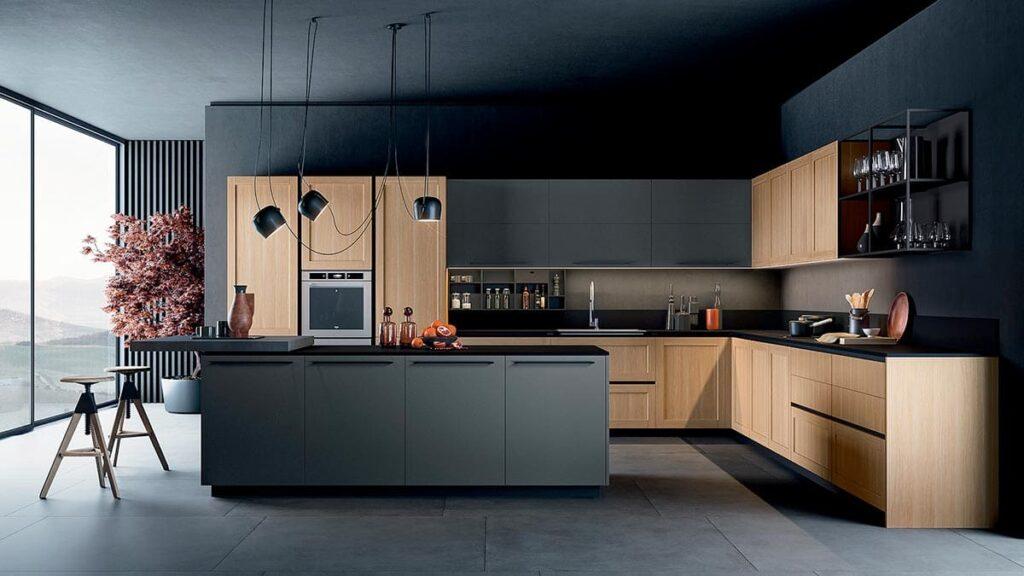 a kitchen with a black ceiling