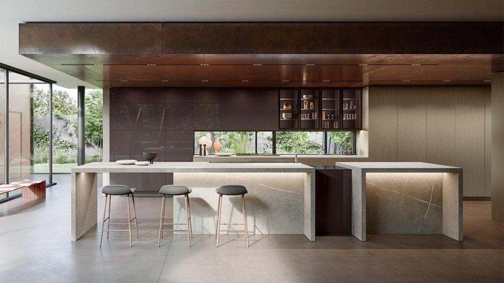 a kitchen with a bar and stools