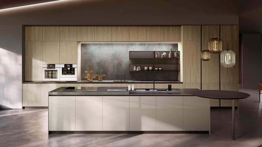 a kitchen with a black countertop