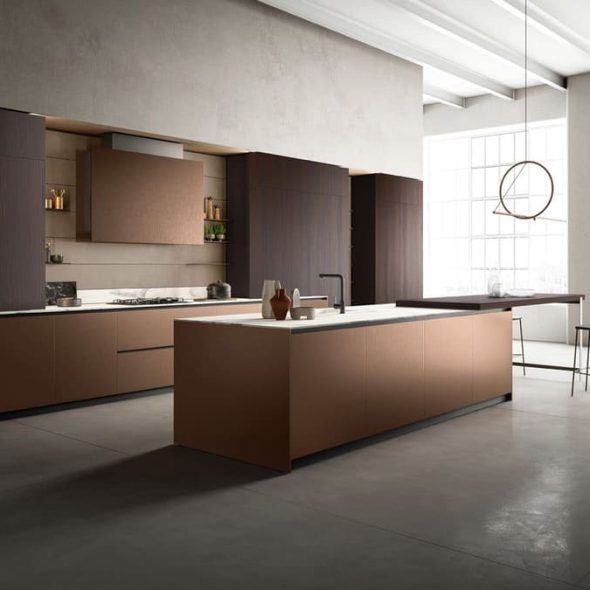 a kitchen with a bar and stools