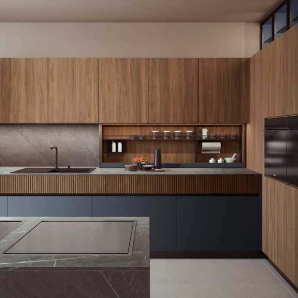 a kitchen with wood cabinets and a black stove