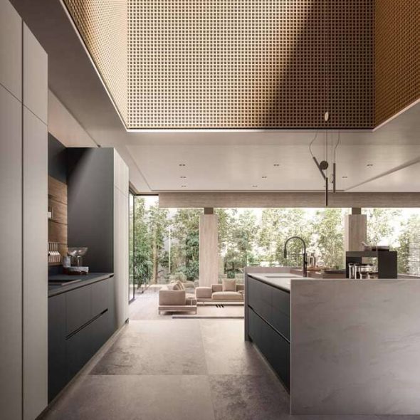 a kitchen with a large ceiling