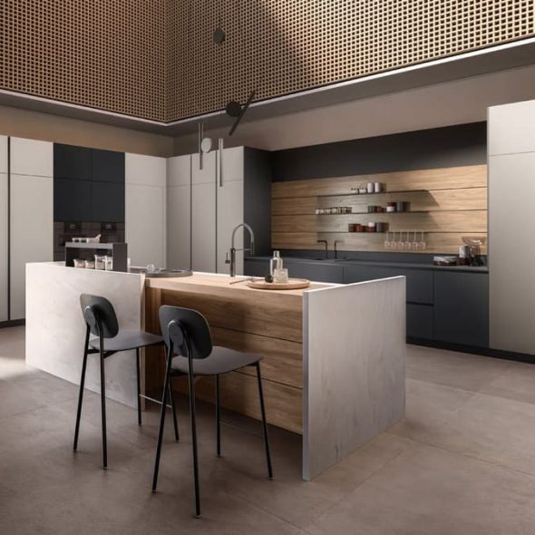 a kitchen with a bar and stools